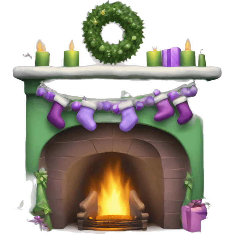 Realistic decorated green and lilac Christmas fireplace emoji