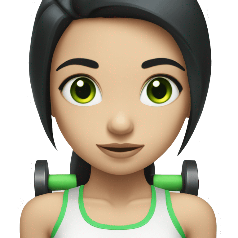 Pale girl with long black hair and green eyes lifting weights emoji