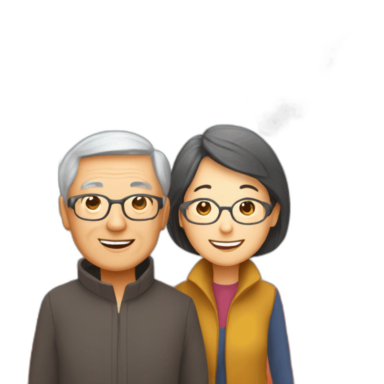 Happy skinny retired Chinese parents. Standing in a park in front of an red autumn tree emoji