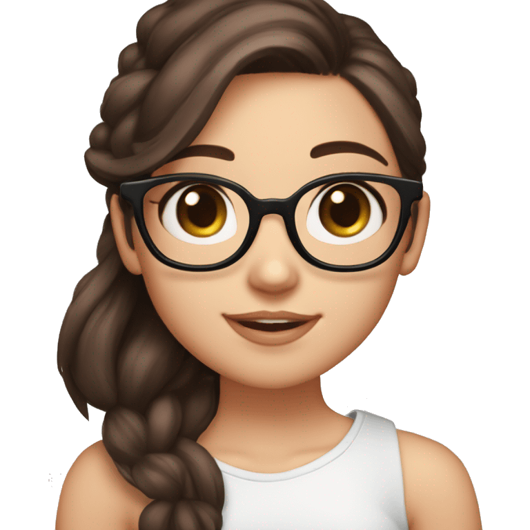 a beautiful girl, cute girl, pink cheeks, dark brown hair, cute face, pink cheeks, hazel eyes, long hair, smiling, hearts on side, emoji, glasses, white skin, black glasses, eyes half closed, emoji