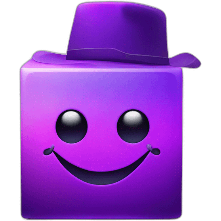 purple gradient smiling cube with 2 long hands on its side and 2 long legs below with a hat emoji