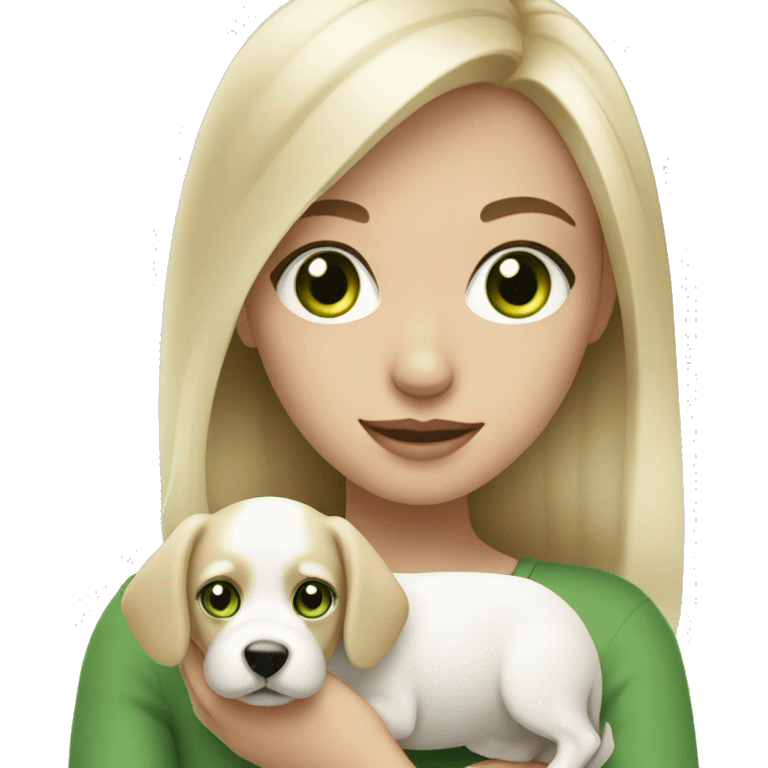 white blonde girl with green eyes holding white small dog emoji