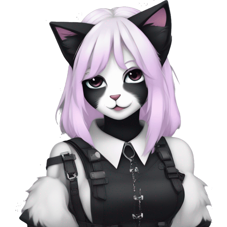 Gorgeous furry gothic dark techwear anime style anthro black cat fursona with blushing face aesthetic and pretty edgy black with collar and harness trending style emoji