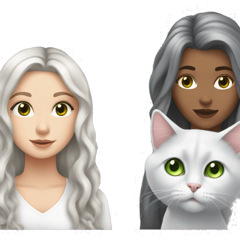 white girl with silver long hair and brown eyes, with a gray fluffy cat with green eyes emoji