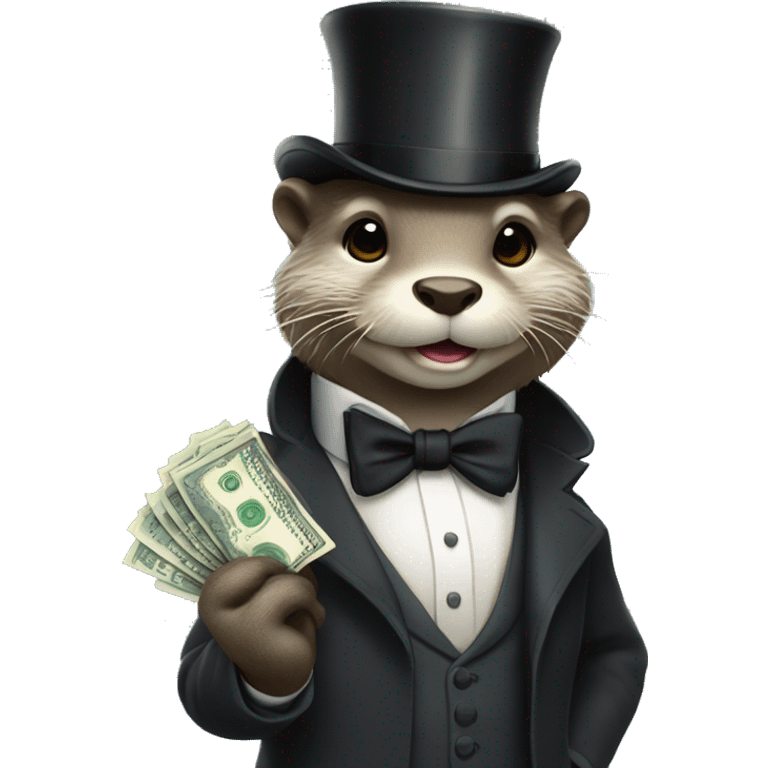 Anthropomorphic otter wearing suit and top hat holding money emoji