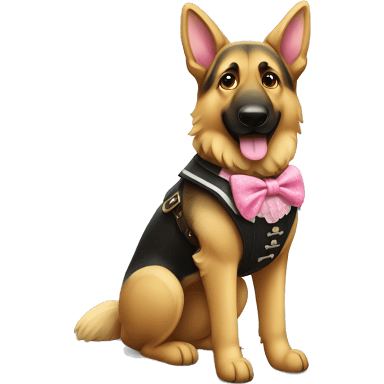 German Shepherd wearing lederhosen in and a little pink bow emoji