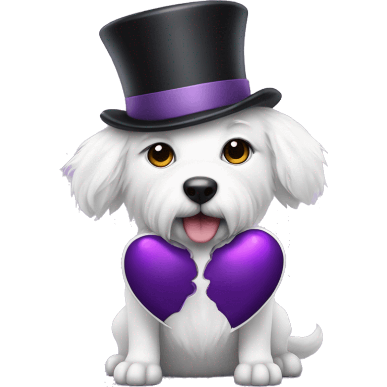 White furry dog with a top hat holding a purple heart emoji