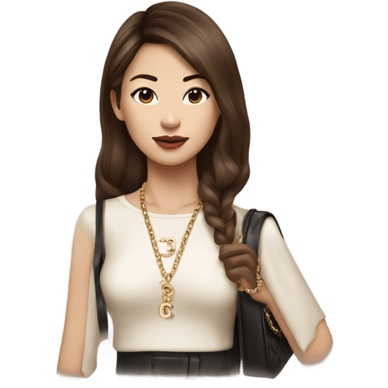 Realistic brown hair Chanel Asian Girl with Birkin bag and Chanel necklace emoji