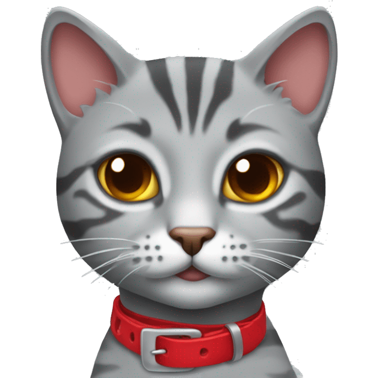 gray tabby cat with red chocker emoji