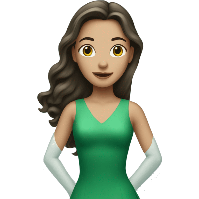 brunette woman with long hair ice skating in a green dress emoji