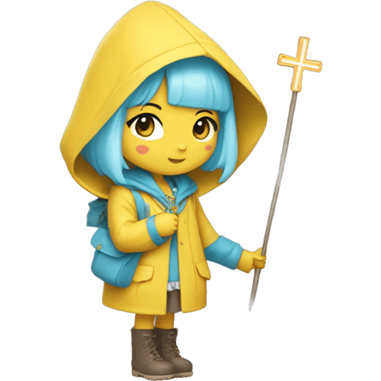 Cute little girl with light blue hair with peach skin, with yellow raincoat hooded with boots holding a staff, with a cross necklace, Sanrio design emoji