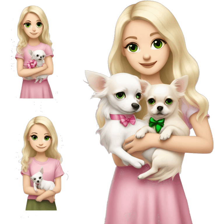 pale blond girl with wavy long platinum hair with green eyes holding a white chihuahua puppy that wearing a pink bow emoji