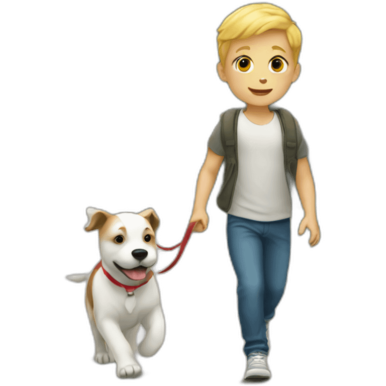 white kid walks with puppy emoji