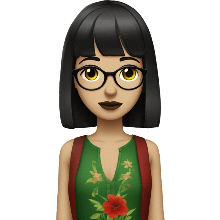 White skinny girl in a green kurta with flower design, glasses, alot of piercing, gay, red lips, nose ring, full body, short straight black edgar hair, black straight hair, front bangs emoji