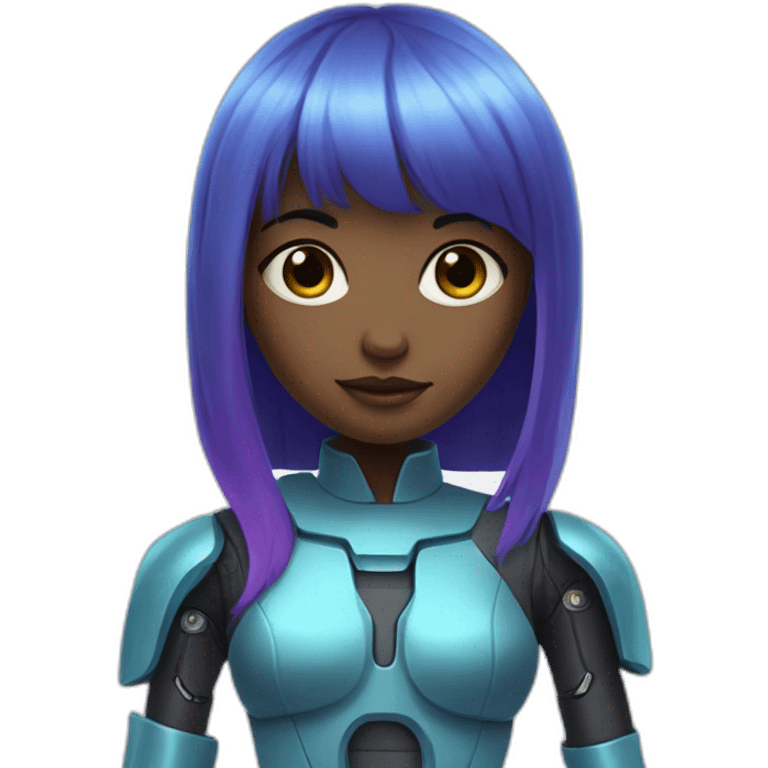 A girl with blue hair. She has dark skin. Her hair is very long and straight. Plus she has bangs. She has purple eyes. She has a robotic arm. She's wearing a sci-fi suit. emoji