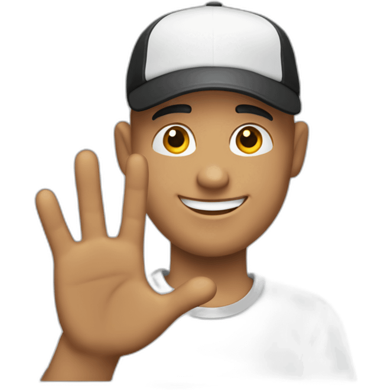 A bald guy with black cap smiling kindly and waving with the left hand emoji