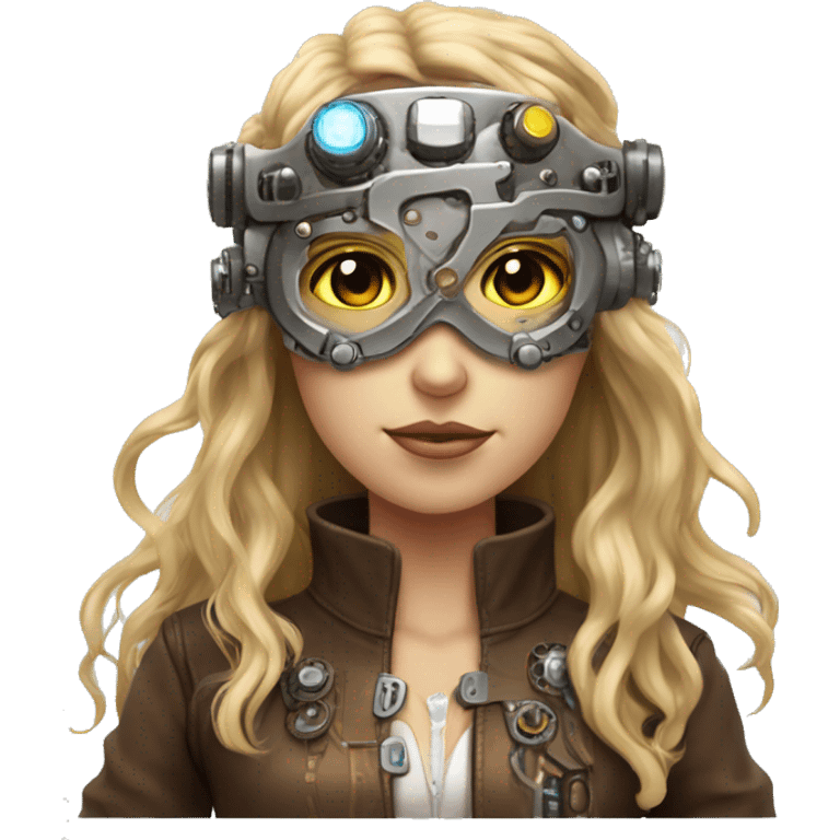 Brown long hair with blonde steaks female cyborg head, fair skin, steampunk goggles and circuits emoji