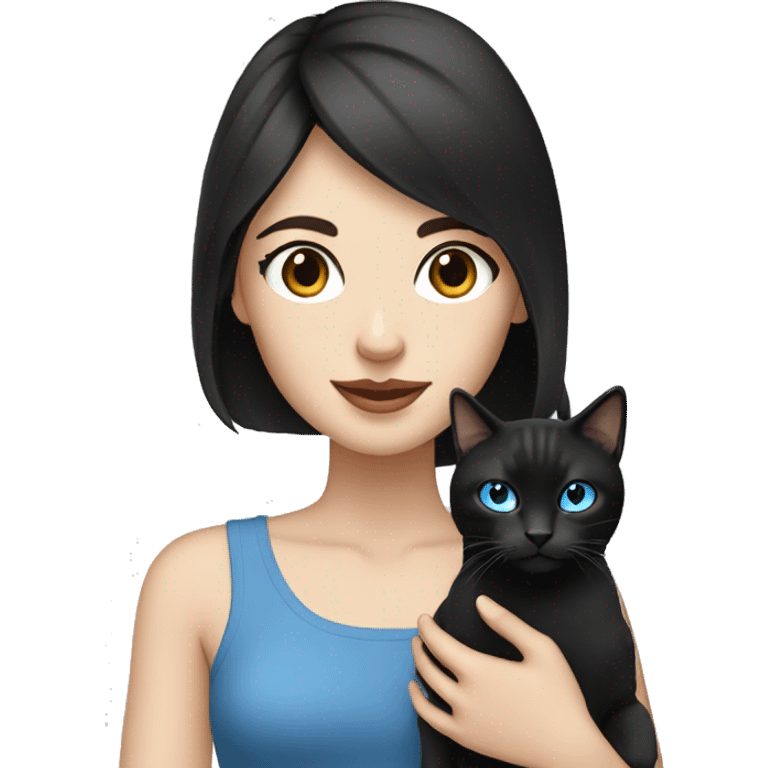 Pale woman with black hair and blue eyes holding a tabby cat emoji