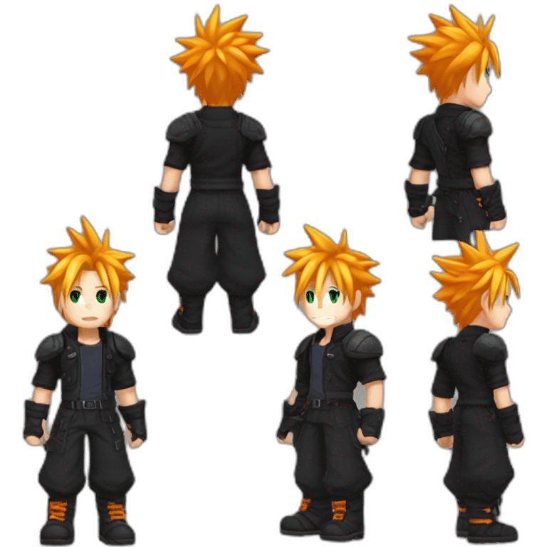 cloud strife with orange hair. Black clothes full body  emoji