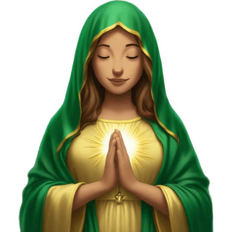 Virgin Mary: kind face looking down at the left, long brown hair, Wearing an emerald green  robe with gold stars and a burgundy red dress,  Hands in prayer or blessing. Halo around her head. standing in front of a big sun. colorful roses on the sides  emoji