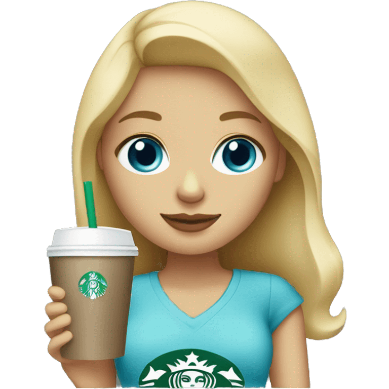 blonde girl blue eyes with Starbucks cup drink emoji