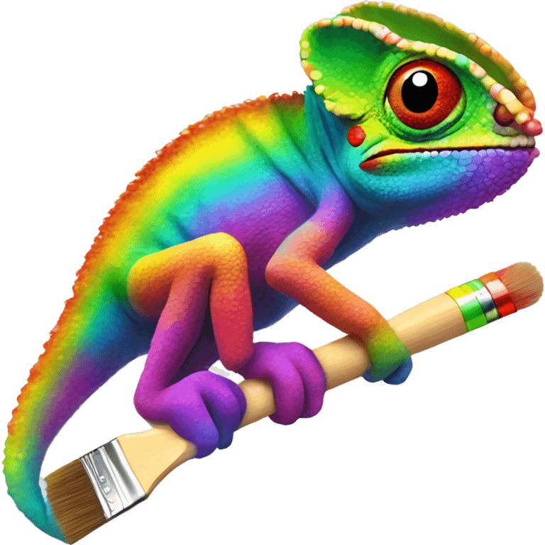 Rainbow Chameleon sits on a brush with paint emoji