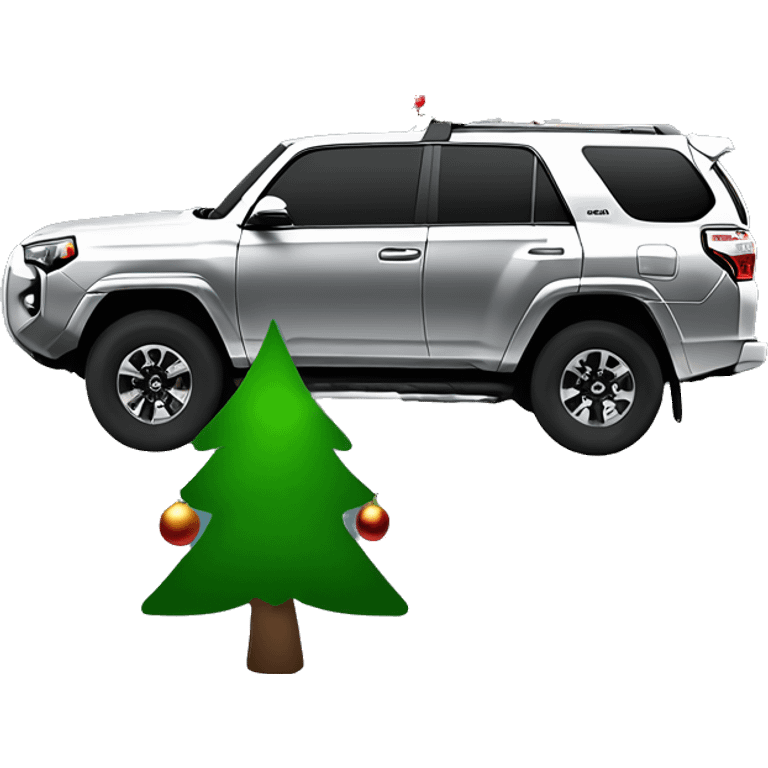 A silver Toyota 4Runner with a christmas tree on the roof. The stump of the christmas tree is facing the front of the 4Runner, with the top of the tree hanging off of the back. emoji