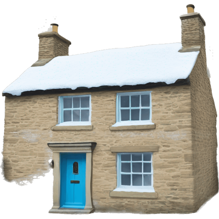 Snowy stone cotswolds cottage with sky blue door  emoji