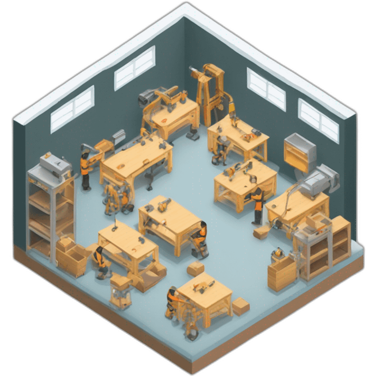 isometric square solid outline border containing indoor creative workshop factory woodworking metalworking people actively working cnc machine tools simple clean industrial makerspace emoji