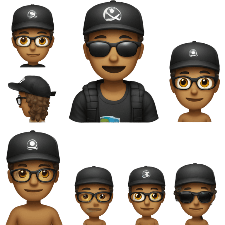 Un chico de piel natural con gorra negra, cabello negro, lentes y una remera negra con mangas cortas emoji