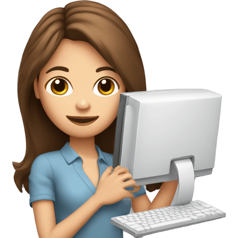 brown hair girl with a computer on her hand. marketing woman emoji