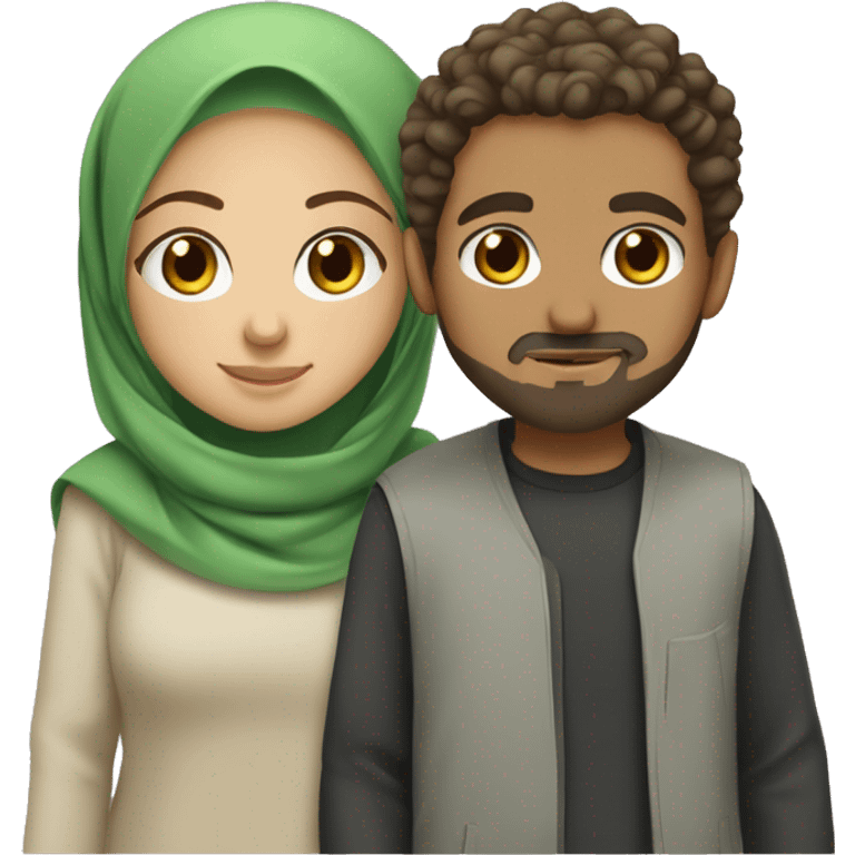 Muslim couple girl with green eyes and hijab and a guy with brown eyes and curly hair and a goatee with a beard  emoji