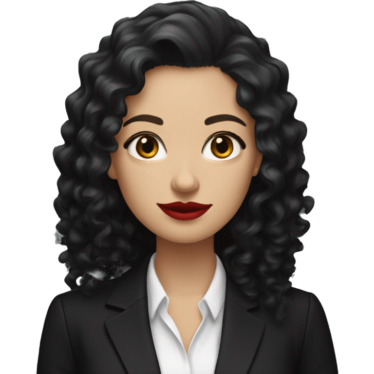 corporate white woman, red lipstick, long black curly hair, black shirt, black blazer  emoji