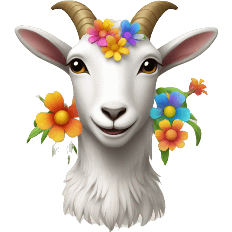 a goat with flowers and rainbows emoji