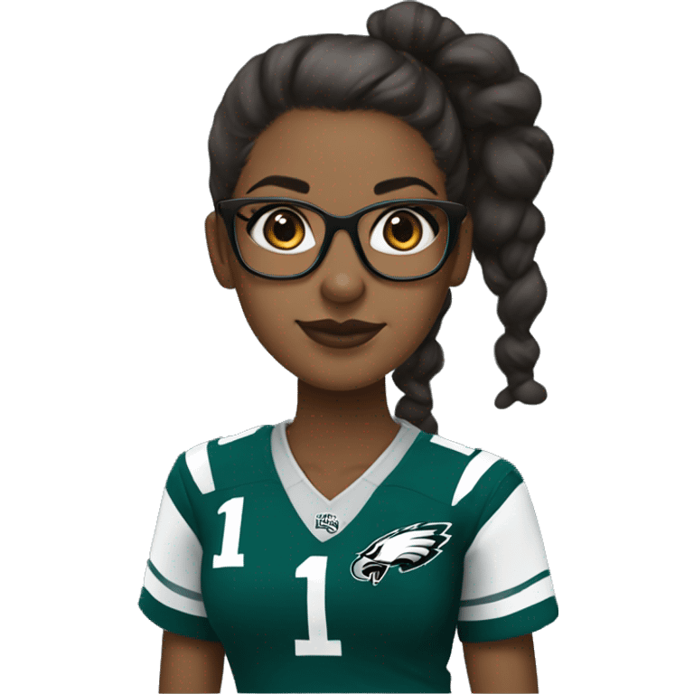 Brown skin girl with glasses and bun in Philadelphia eagles clothes emoji