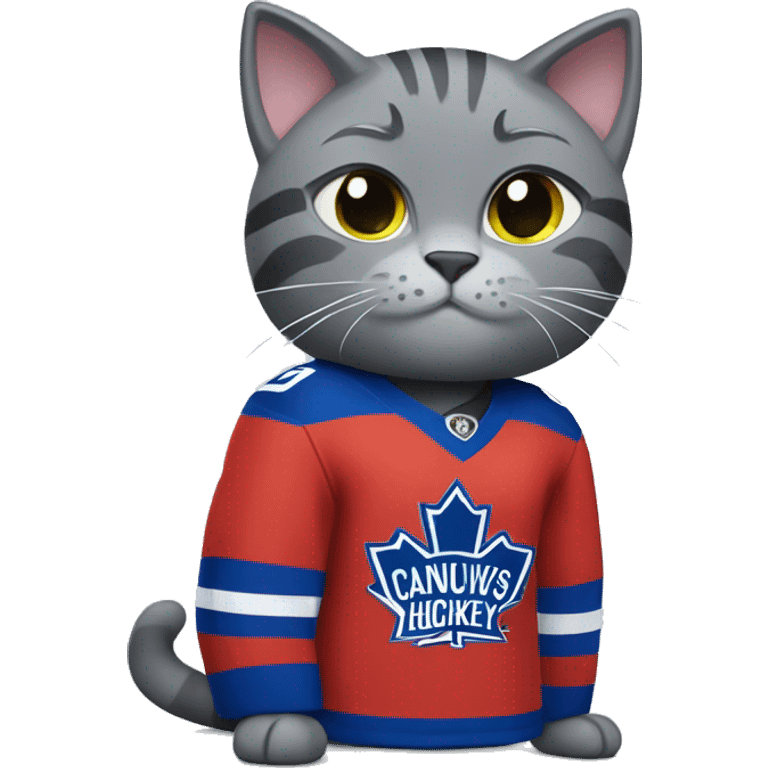 Grey cat wearing a canucks hockey jersey emoji