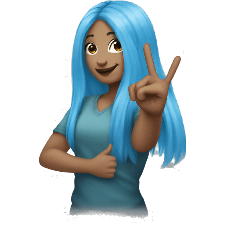 Blue haired light skinned girl doing a peace sign emoji