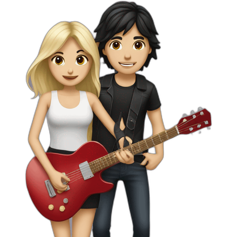 Singer girl with dark hair and blonde guitar player boy. Couple emoji