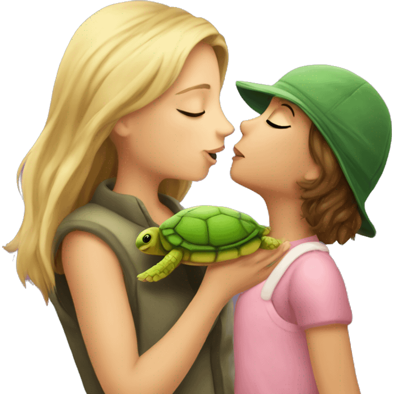 European girl kisses little turtle emoji