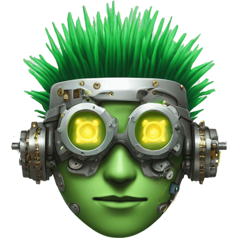 Green Mohawk hair male cyborg head with white steampunk goggles and circuits emoji