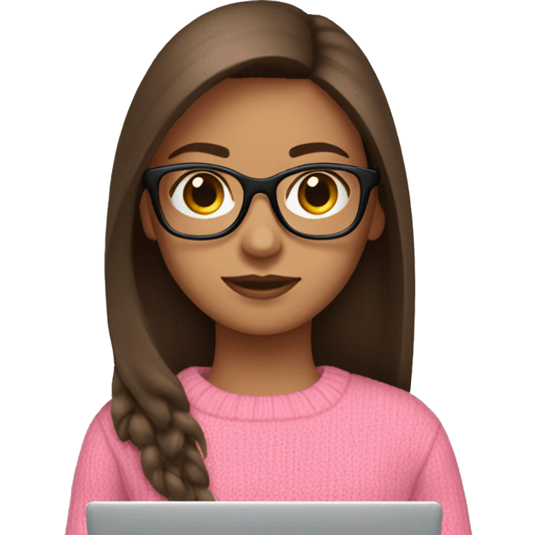 Girl with straight brown hair and black glasses frame and in pink sweater working behind laptop emoji