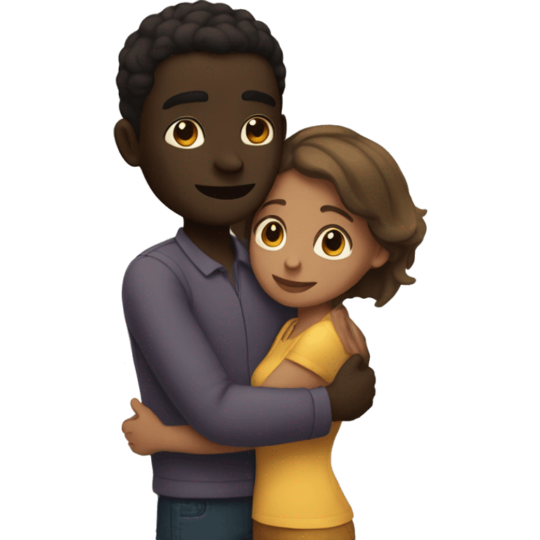 Dark skin taller guy and brown skin shorter girl hugging emoji