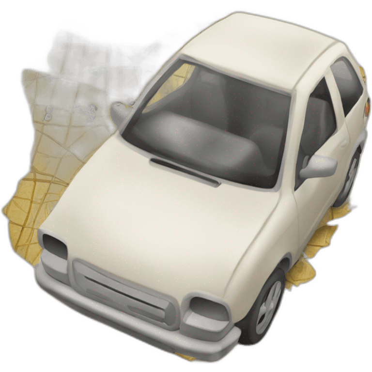 Anthropomorphic car crumbling a map emoji