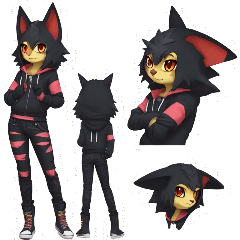 Cool Anthro Black Noibat-Quilava-Litten-Pokémon with edgy stripes hoodie spiked collar punk Full Body emoji