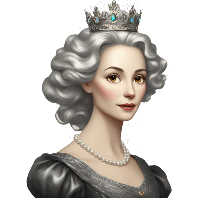 Regal pretty slender middle age woman photograph defined cheekbones high cheekbones crown vintage with very long iridescent black and silver hair wavy long hair pearl crown iridescent emoji