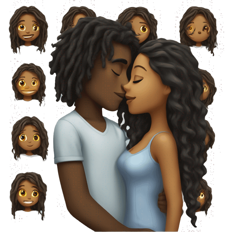 Brown girl with wavy hair kissing black boy who has dreads  emoji