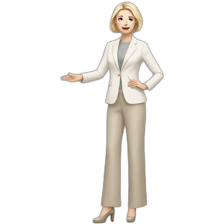 Full height Actively gesturing with hands pale skin woman with ash blonde Straightened bob Hair, White Spacious classical jacket, beige palazzo Arrow pants and gray blouse emoji