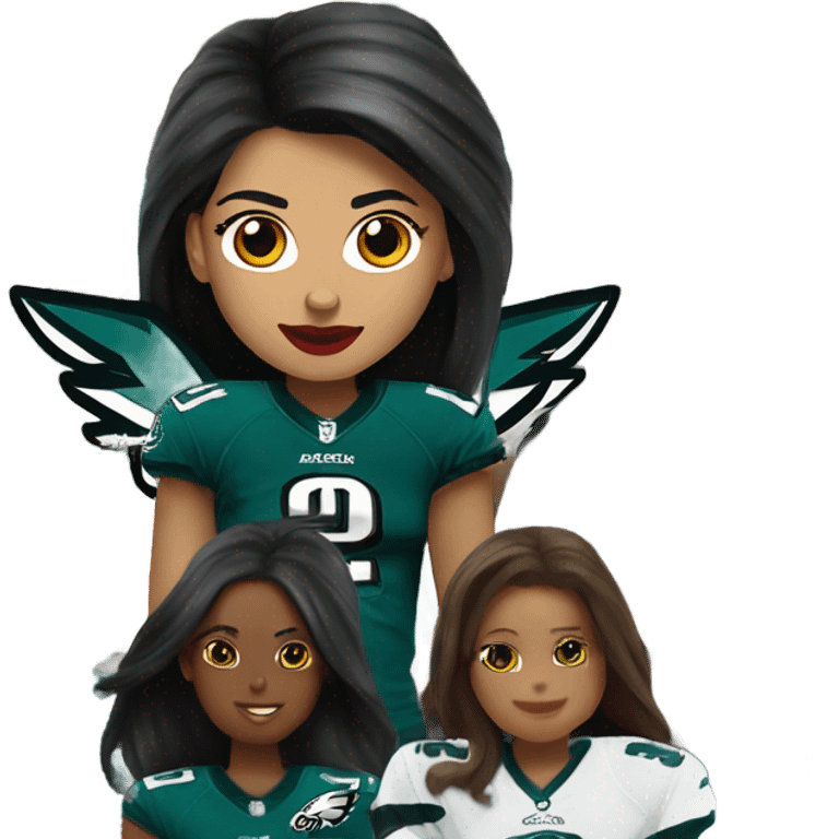 White female long dark hair red lips wearing Philadelphia Eagles jersey emoji