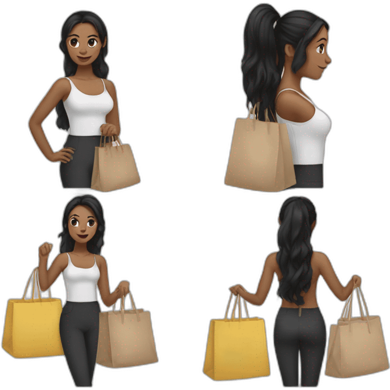 Black hair, white woman, ponytail, holding bags emoji