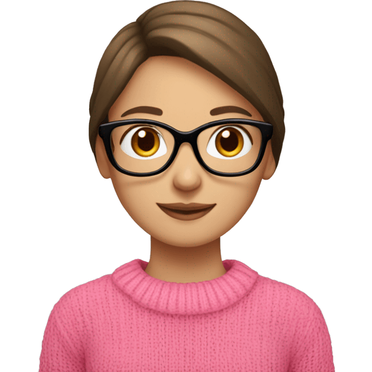 Russian smile Girl with straight brown hair and black glasses frame and in pink sweater working behind laptop emoji